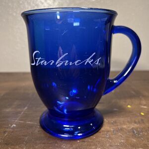 Vintage Anchor Hocking Cobalt Blue Glass Starbucks Coffee Cup Footed Mug Etched